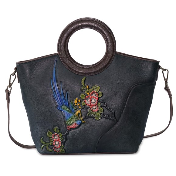 Bolso SHARPAD de cuero negro con estampado floral en relieve