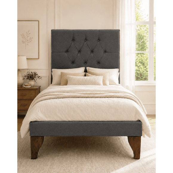 Cama Plaza y Media Gris Grafito Capitoné + Colchon Mery Desing
