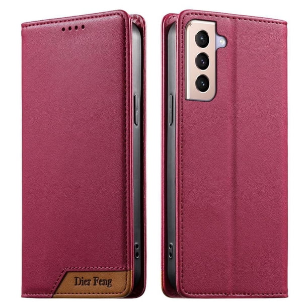 Funda Tipo Cartera de Cuero Sintético para Samsung Galaxy S21 Plus Bloqueo RFID, con Ranuras para Tarjetas y Bolsillo para Efectivo, Cierre Magnético Fuerte Rojo