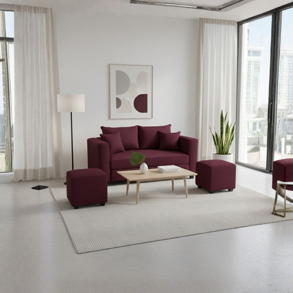 Construcsofá - Living Aurelia 2 Cuerpos + 2 Pouf Tela Burdeo