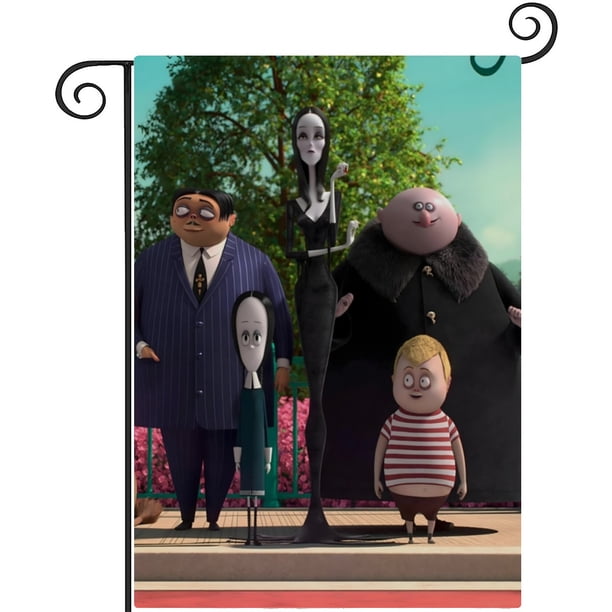 La Familia Addams 3-bandera de jardín temática. Regalo perfecto para fans, amigos y familiares, ideal para actividades al aire libre y decoración de fiestas.28CM*45CM