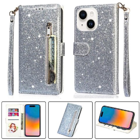 Foxdock - Funda Para Elegante Funda Iphone 15 Plus Glitter Con Cremallera-Ideal Para El Uso Diario