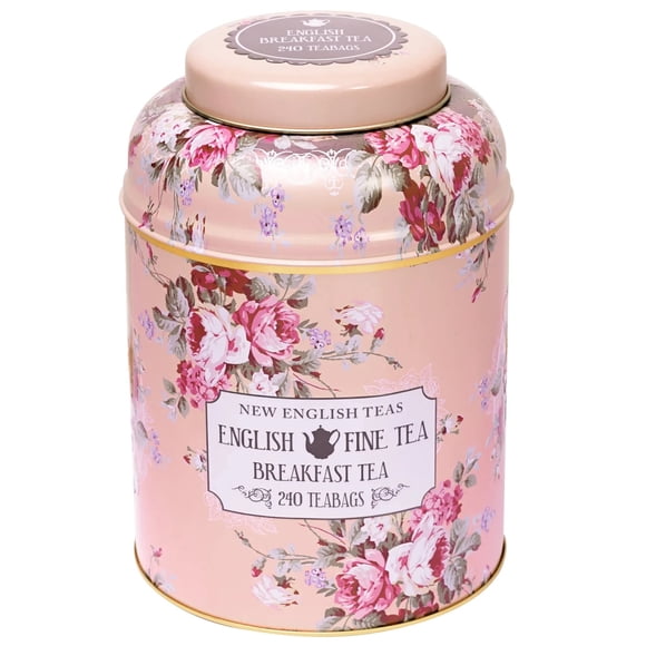Lata de té New English Teas con diseño floral vintage y 240 bolsitas de English Breakfast