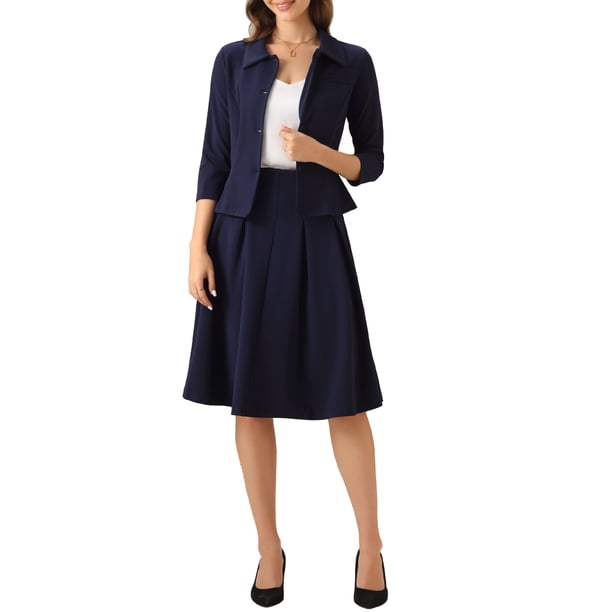 INSPIRE CHIC Conjuntos de Traje de Falda de Negocios para Mujeres Conjunto de 2 Piezas para Maestras de Regreso a Clases Traje de Oficina Chaqueta Blazer de Manga 3/4 Faldas Plisadas M Azul Oscuro