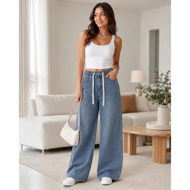 Jeans Mujer Pierna Ancha Cintura Elasticada Ajustable