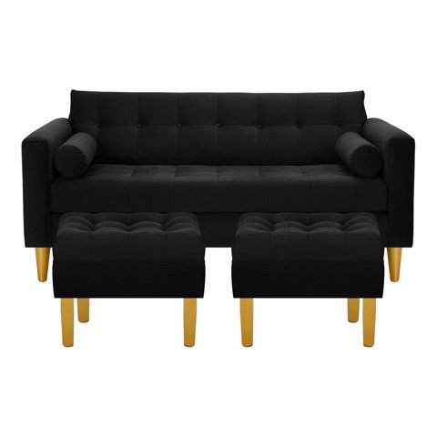 Bodevir - Sofa Retro 3C + 2 Pouf Felpa 01 Negro