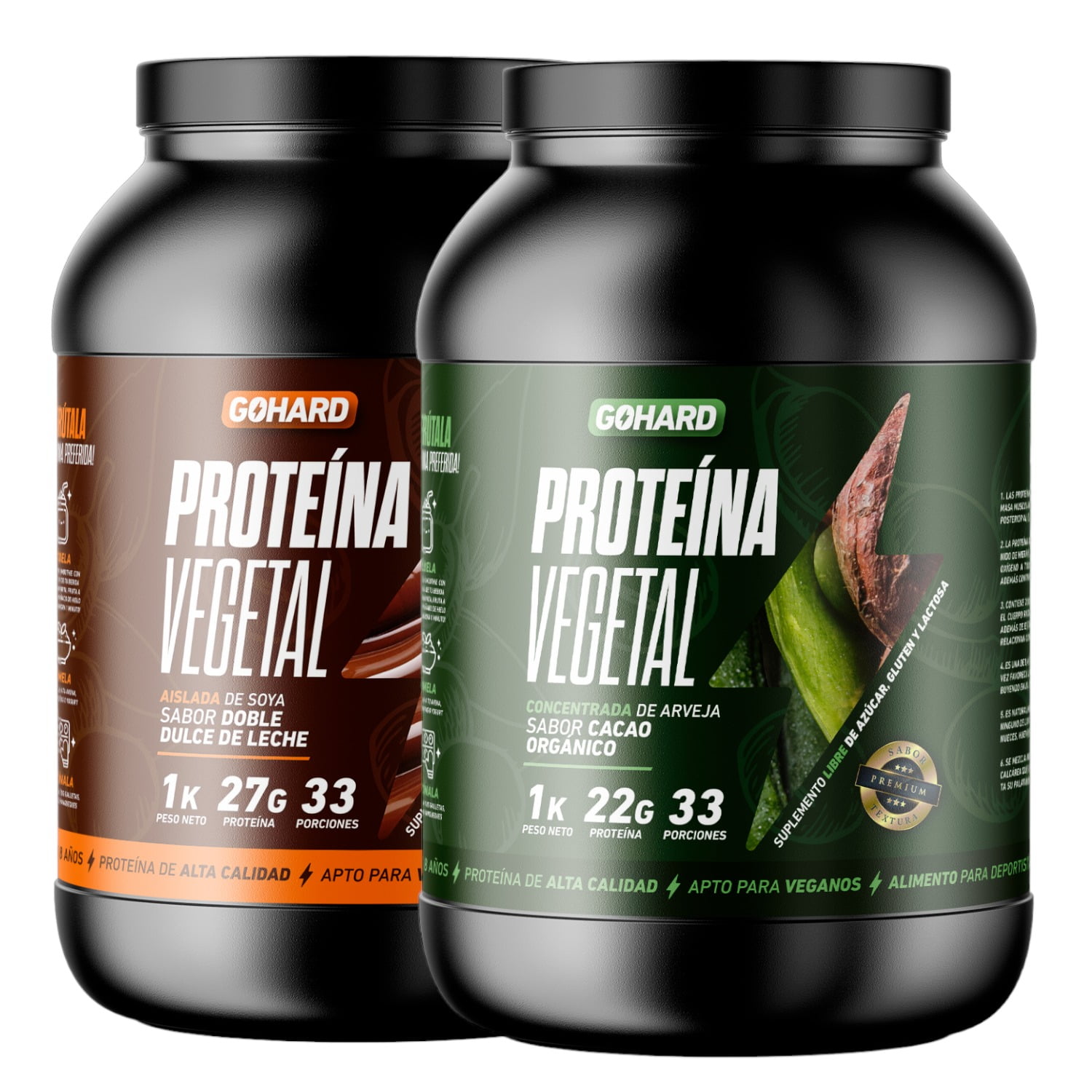 Gohard - Pack Proteinas Vegetales 2kg Total 66sv Dulce De Leche - Cacao Orgánico
