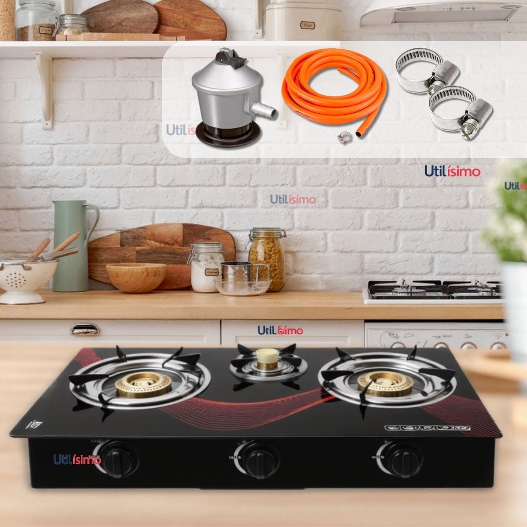 Line - Cocina Encimera A Gas Licuado Vidrio 3 Platos + Kit De Instalación