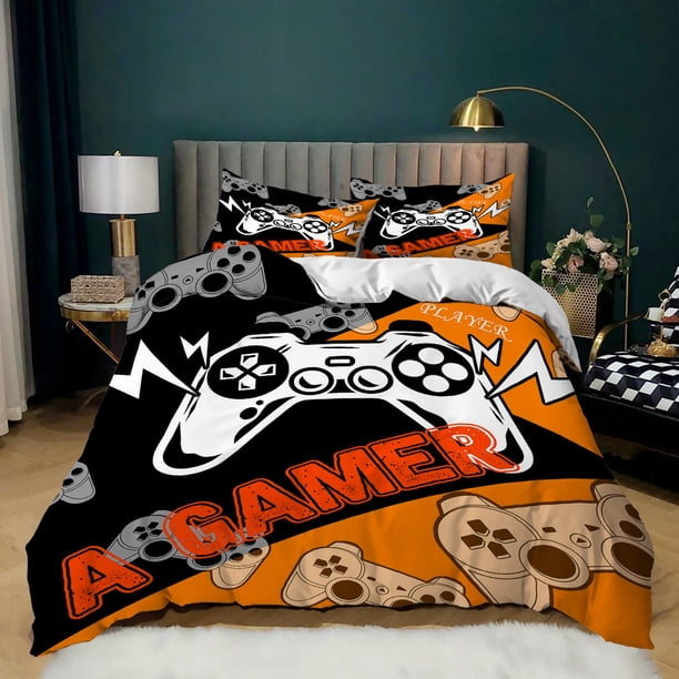 v2712 Bed Sheets Game Duvet Cover Set for Boy Teen Video Game Controller King Size Comforter Cover Microfiber Black and Green Gamepad Quilt Cover 3-Piece Bedding Set (1 Duvet Cover + 2 Pillow Shams) B