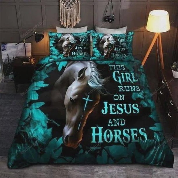This Girls Runs On Jesus And Horses Quilt Duvet Cover Set Kids Children3-Piece Bedding Set