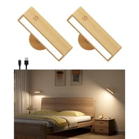 Xusx111 - Conjunto De 2 Lámparas De Pared Operadas,Lámparas De Pared Recargables De Madera,Stick On Wall Lights Para Dormitorio,Lámparas De Lectura De Lado De Cama Montadas En La Pared Dimmables,Lámpa