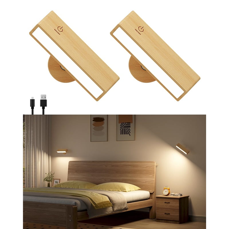 Xusx111 - Conjunto De 2 Lámparas De Pared Operadas,lámparas De Pared Recargables De Madera,stick On Wall Lights Para Dormitorio,lámparas De Lectura De Lado De Cama Montadas En La Pared Dimmables,lámpa