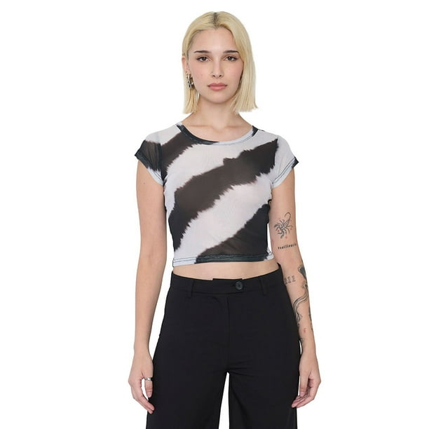 Polera Mujer Malla Manga Corta Tie Dye Negro Corona