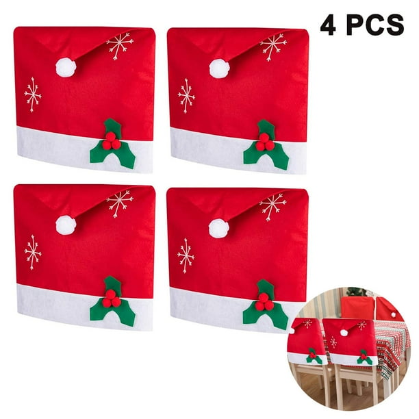 Fundas para sillas de comedor navideñas, 4 piezas de 60 x 50 cm, fundas para respaldo de silla con gorro de Papá Noel para decoración de banquetes, fiestas y festivales navideños.