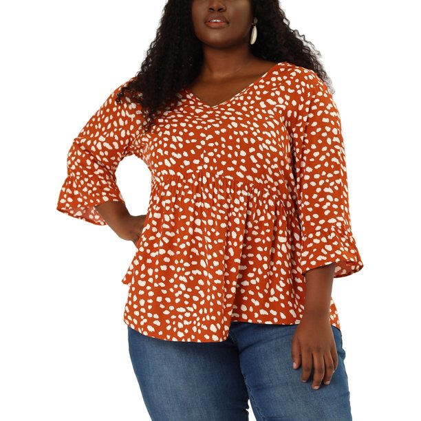 GRACIA Y GRANDEZA Disfraces de Halloween Blusas de Talla Grande para Mujeres con Estampado de Lunares, Cuello en V, Mangas 3/4, Dobladillo Peplum, Estilo Babydoll, Talla 4X, Color Naranja