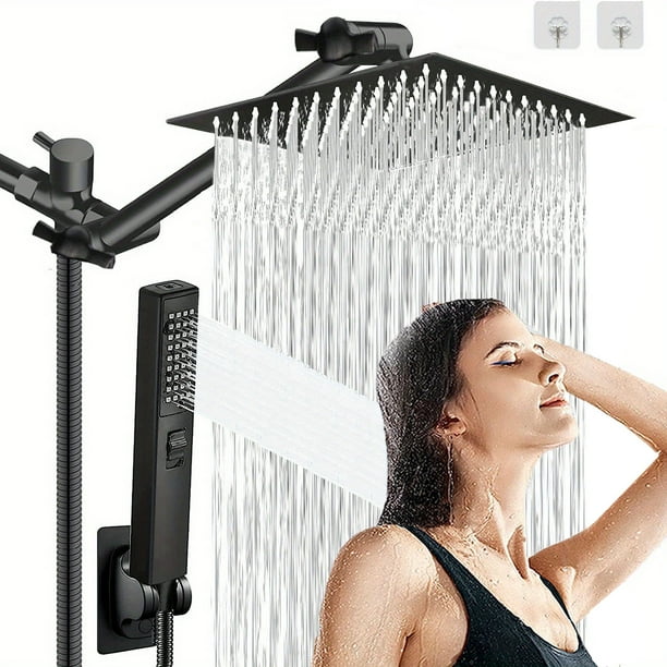 1set 2-in-1 Shower Head with Handheld Spray - 8'' Rain Square High Pressure Shower Head with 9'' Extension Arm and 78'' Hose - Includes Shower Holder for Easy Installation