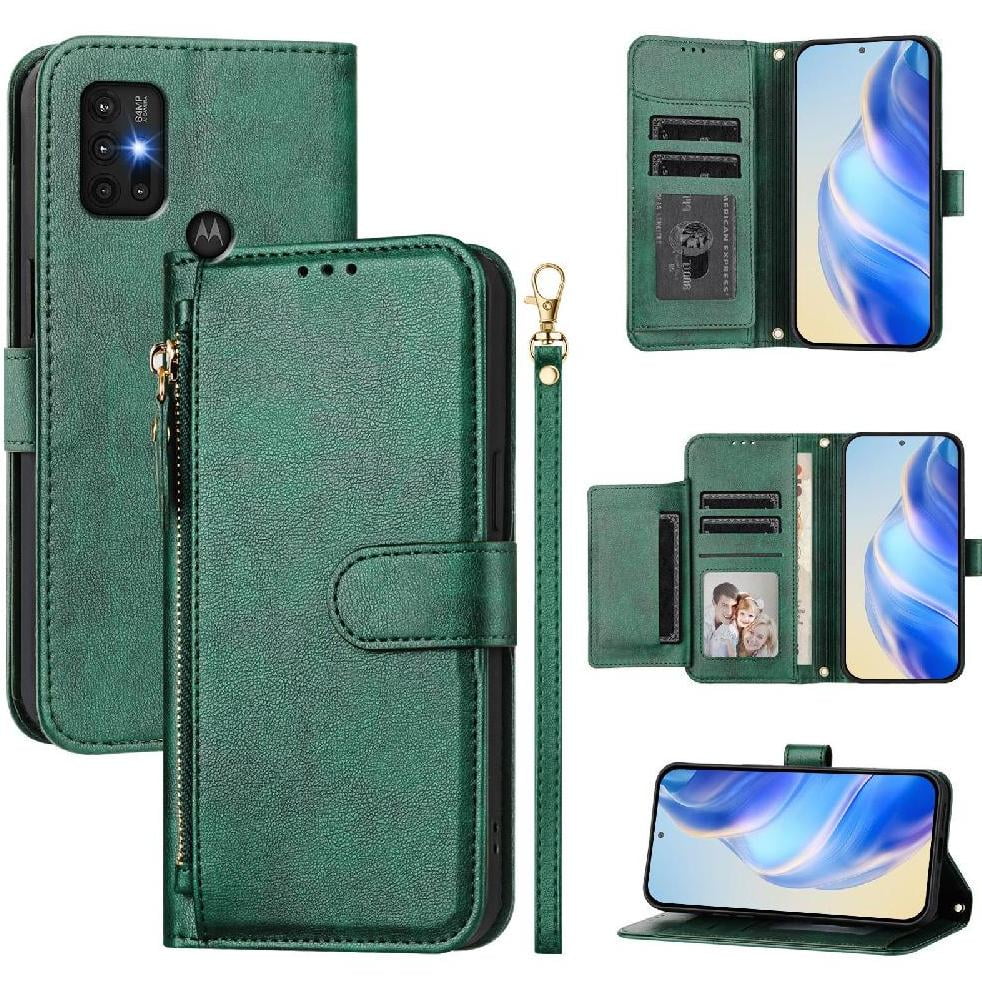 Foxdock - Funda Para Motorola Moto G20 Con Cremallera Tipo Cartera, Tarjetero, Marco De Fotos, Soporte Y Cordón, De Piel Sintética. Verde