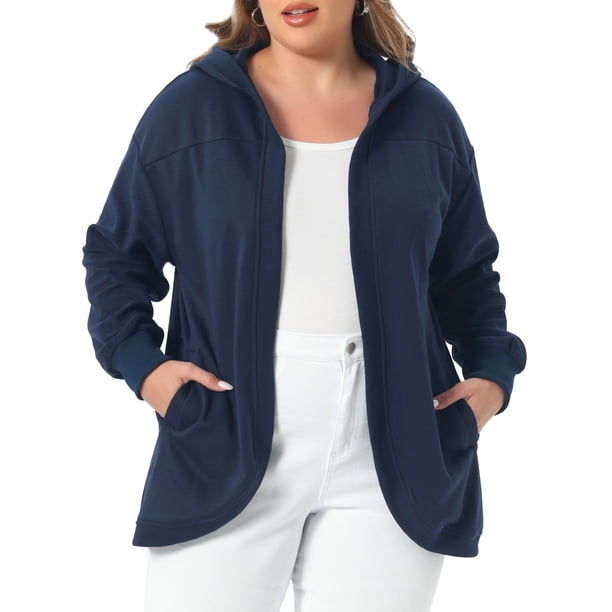Chaqueta para mujer de talla grande Agnes Orinda con capucha, abierta al frente, bloques de color, manga larga, sudadera casual de gran tamaño con bolsillos 3X azul marino