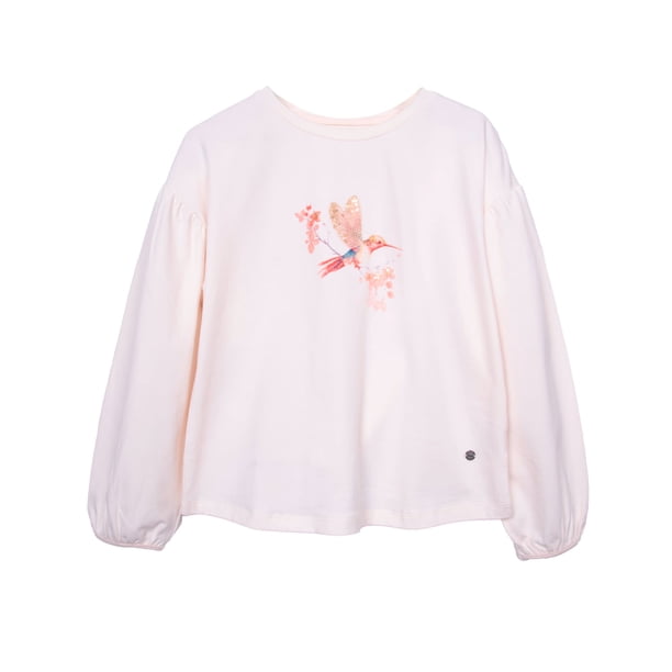 Polera Niña Manga Globo Estampado Colibrí Crudo