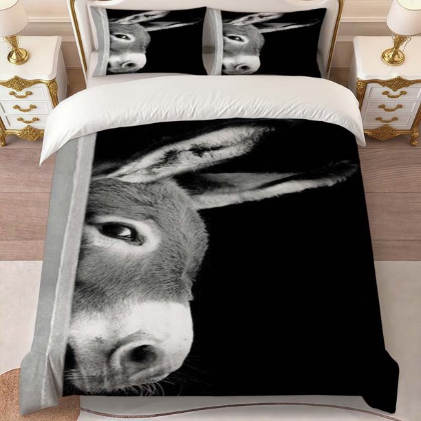 Donkey Peeking Out Pattern Bedding Set | Includes 1 Duvet Cover and 2 Pillowcases Multi-Color Print