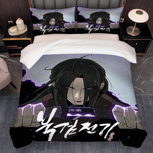 3pcs Black-Haired Swordsman North Sword Martial Arts Pattern | Korean-Inspired Bedding Set with Duvet Cover and Two Pillowcases Multicolor Print