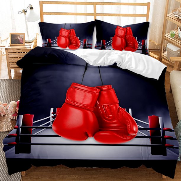 v2177 Bed Sheets Boxing Gloves Comforter Cover Queen/King Size Teens Boys Men Sports Boxing Game Competitive Soft Polyester Duvet Cover,Black Red 3-Piece Bedding Set (1 Duvet Cover + 2 Pillow Shams) B