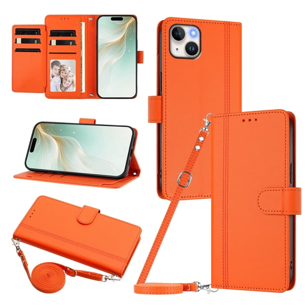 Funda Tipo Libro para iPhone 15 Plus, Tapa con Imán, Naranja