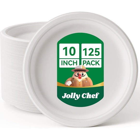 Compostable Heavy Duty 10 Inch 125 Pack Disposable Eco-Friendly Paper Plates