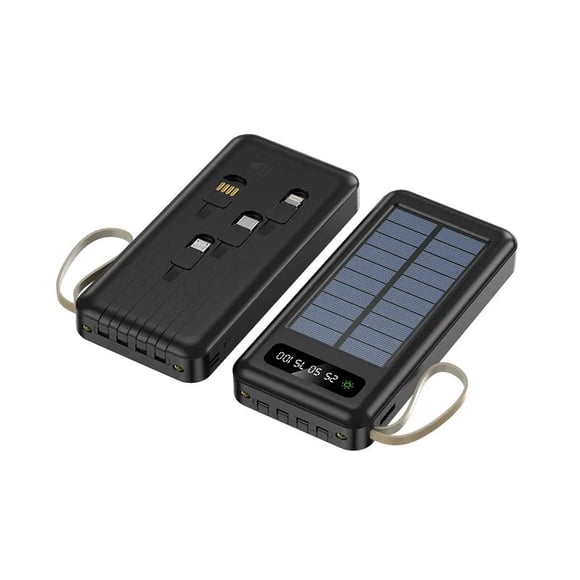 Batería Portátil Power Bank Solar 20000mAh Cables Integrados Luz LED - Negro