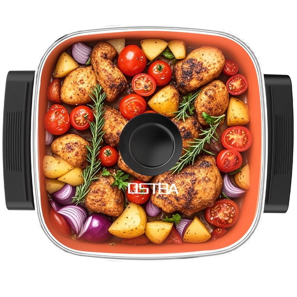 Sartén Eléctrica OSTBA con Tapa de Vidrio, Sartén Eléctrica Antiadherente de Cobre de 12" x 12" para Cocinar, Potencia de 1500W, Mangos Térmicos, Temperatura Ajustable, Libre de PTFE y PFOA