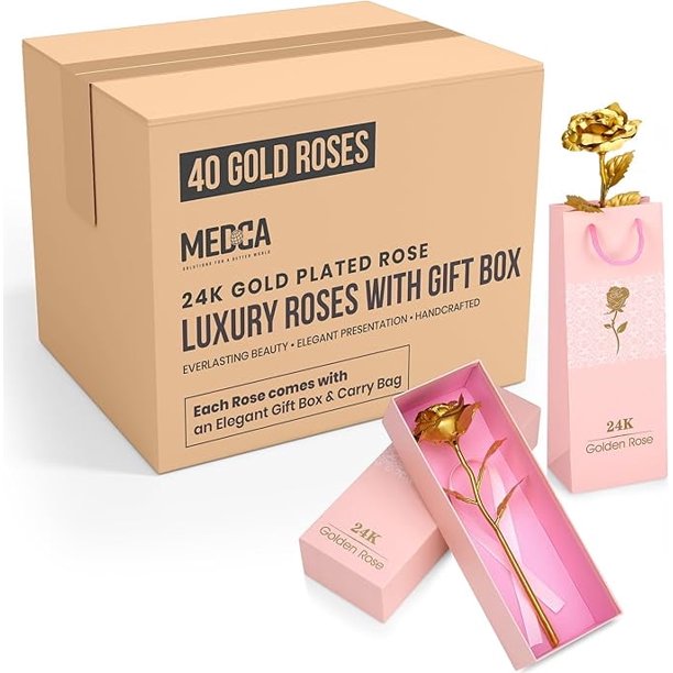 Rosa de Oro 24k MEDca con Caja de Regalo de Lujo - Rosa Metálica Dorada de 10 Pulgadas (25,4 cm), Rosa Eterna Preservada, Regalo para Mamá, Esposa, Novia, San Valentín, Día de la Madre, Pack de 40