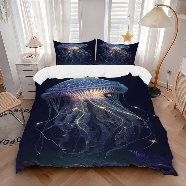 Anime Jellyfish Bedding - Includes One Quilt Cover and Two Pillowcases (No Core) - Perfect for Bedroom and Guest Room Decoration Festive Gift Polyester Fabric H