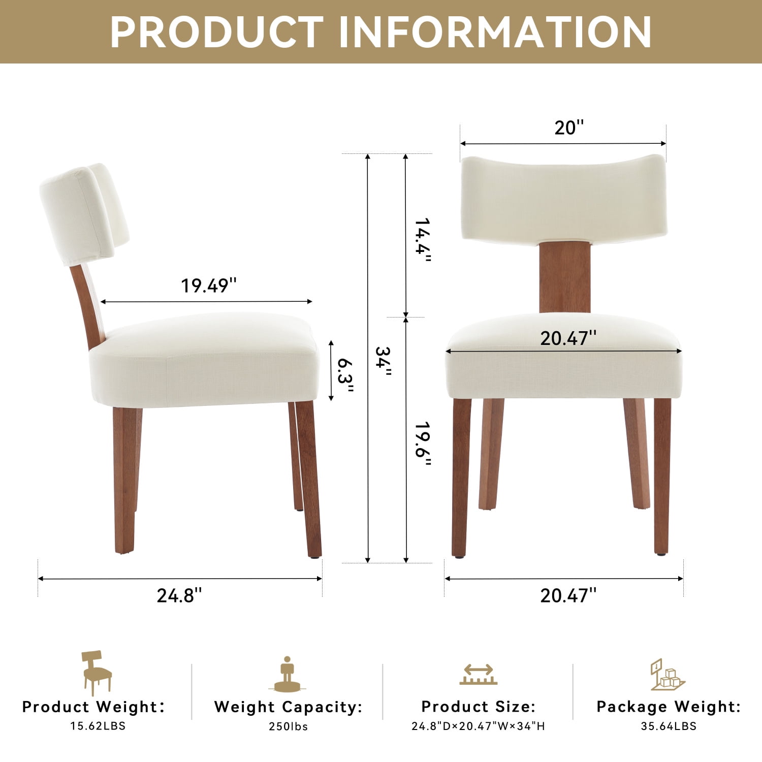 M&ms - 064-set Of 2 Linen Fabric Modern Armless Dining Chairs With Curved Backrest And Solid Wooden Legs For Dining Room Living Room ,beige