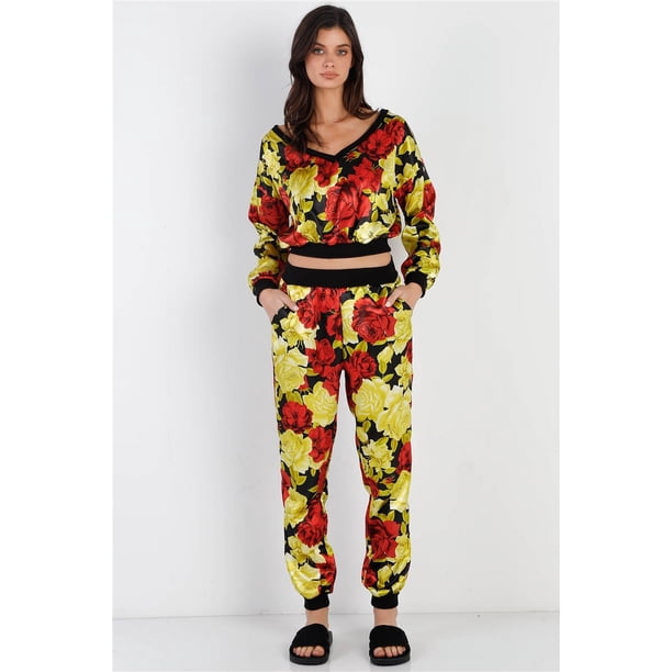 Conjunto de Top y Pantalón con Cuello en V y Estampado Floral en Rojo y Lima con Efecto Satén Negro y Rojo Lima M