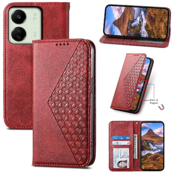Funda Flip FOXDOCK para Xiaomi Redmi 13C , Estilo Billetera con Diseño Rombo, Correa de Mano y Soporte, Uso Diario