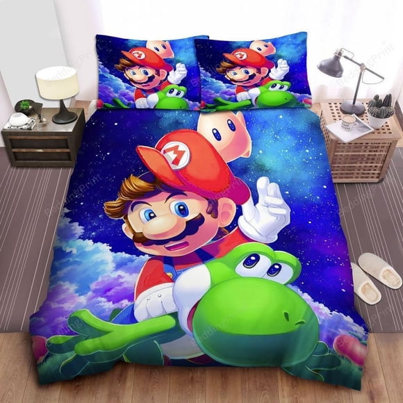 Super Mario Flying With Yoshi Baby Luma On The Cloud Quilt Duvet Cover Set3-Piece Bedding Set