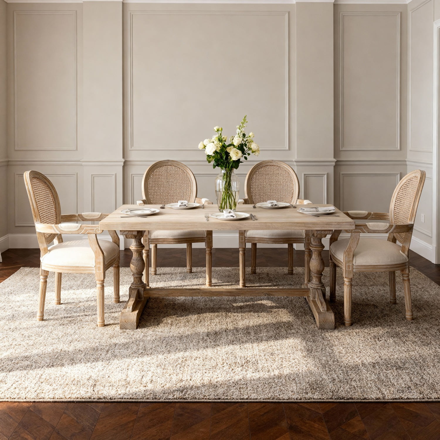 M&ms - French Vintage Upholstered Fabric Dining Armchair, Set Of 2, Beige