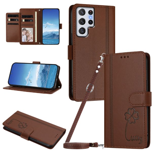 Funda Cartera Trébol para Samsung Galaxy S22 Ultra con Ranuras Tarjetas y Carga Inalámbrica Marrón