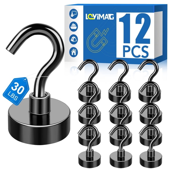 Ganchos magnéticos LOVIMAG, 30 libras o más, paquete de 12 unidades (negro)