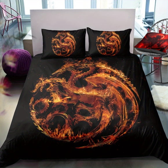 Three-Piec-e Set Beddi-ng Set Myst-erious Dra-gon Beddi-ng Suit with Pringting -Soft and Com-fortab-le Q-uilt- Cover -Suitable- for Bedroom and Gue-st Room