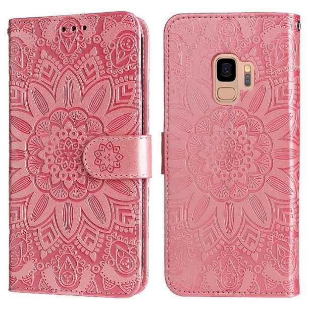 Funda tipo cartera FOXDOCK para Samsung Galaxy S9 , diseño girasol en relieve, cuero PU, cierre magnético, soporte y tarjetero