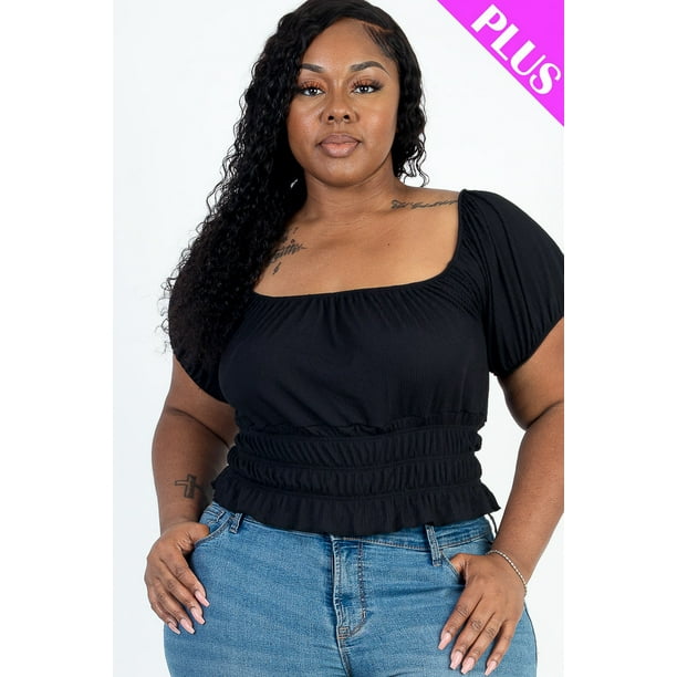 Top Liso de Punto Acanalado con Mangas Abullonadas Fruncidas Casuales en Talla Grande