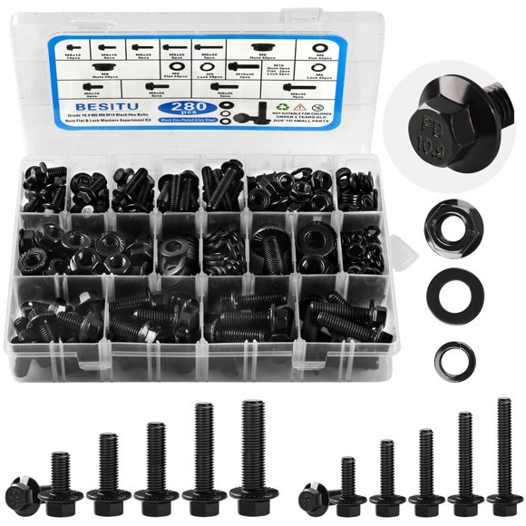 Tornillos con brida Besitu M6x1.0, M8x1.25 y M10x1.5, 280 piezas