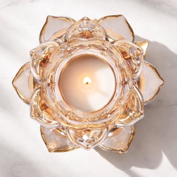 Portavelas Decozen con diseño floral de cristal, base dorada