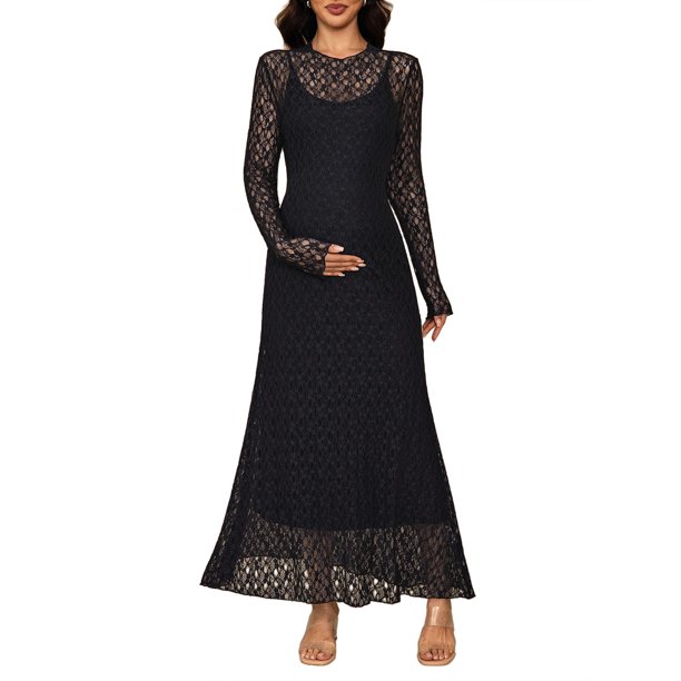 INSPIRE CHIC 2 PCS Conjunto de Vestido de Maternidad para Sesión de Fotos Vestido de Encaje de Manga Larga con Camiseta Interior a Juego M Negro