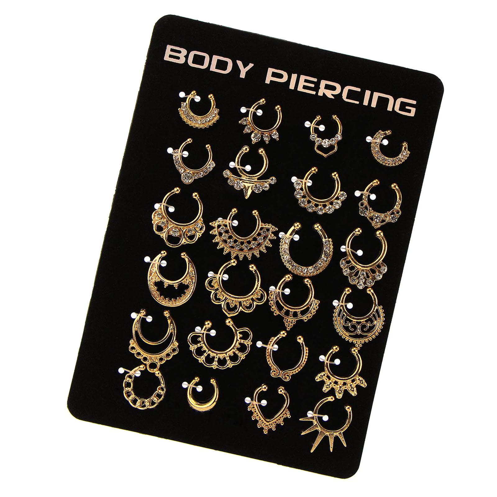 Magideal - 24 Piezas Piercing Joyas Anillo Nariz Aro Set Clip Septum Falso Material Aleación Con Rhinestone Función Multiuso Adecuado Para Mujeres Hombres Y Regalos Familiares , Oro