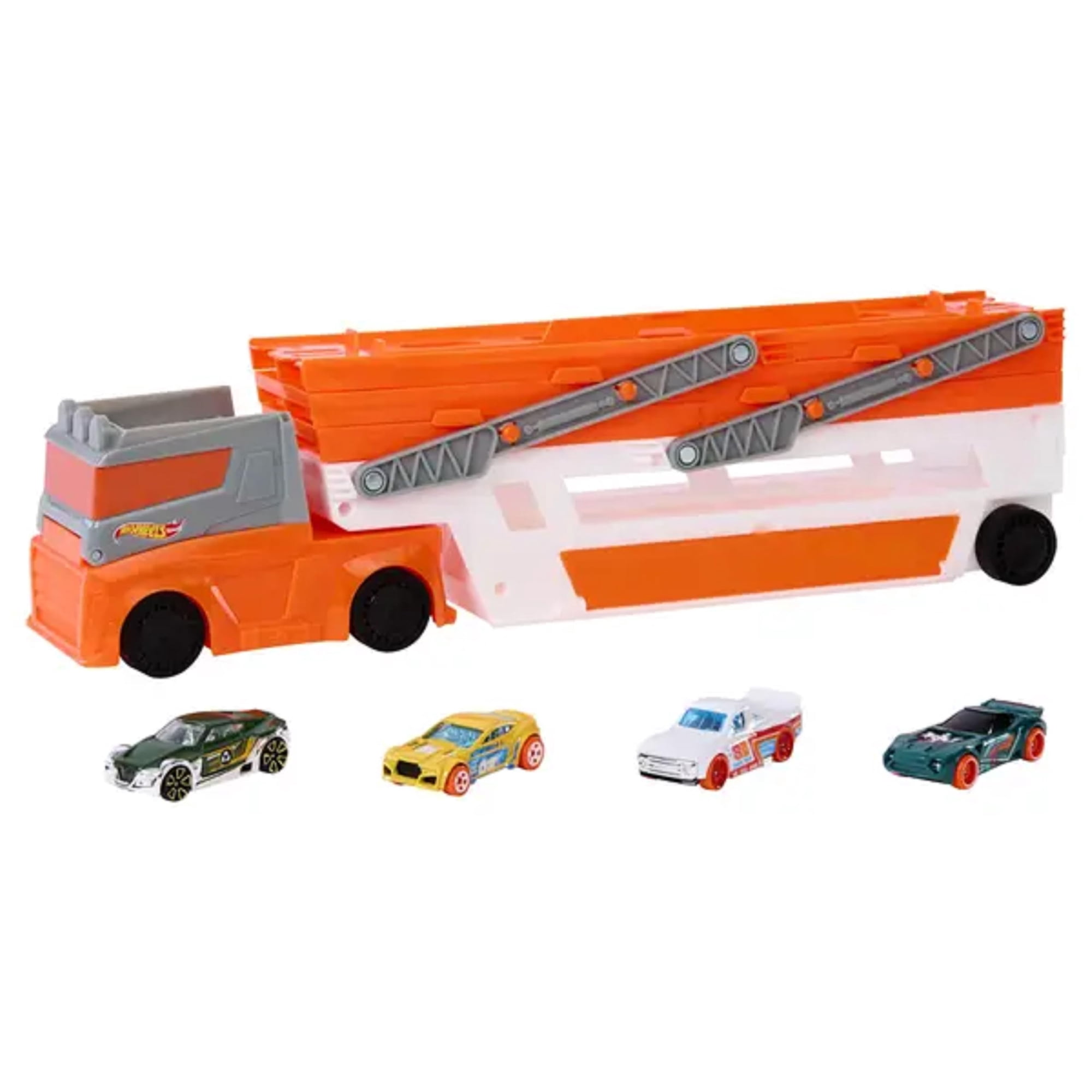 Camión De Juguete Hot Wheels Mega Transportador 4 Vehículos Rojo