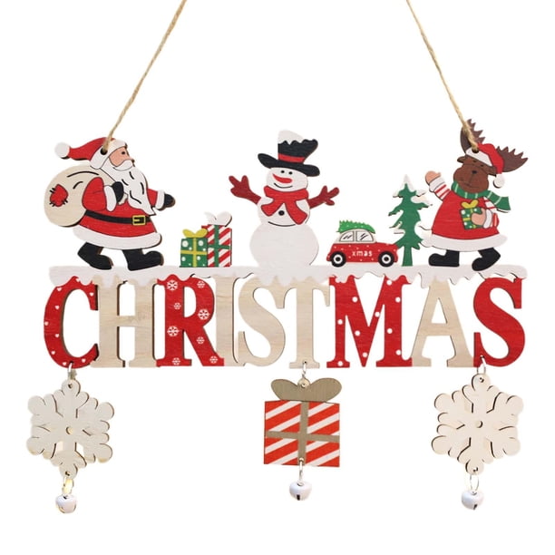 Colgante De Madera Para Navidad Con Forma De Chimenea Para Fiestas Con Campanas, Placa Para Puerta, Alce, Papá Noel, Muñeco De Nieve