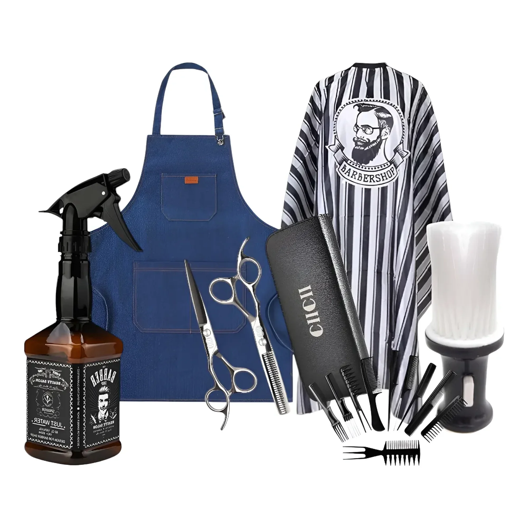 Linastore - Pack De Barberia Peluqueria Instrumentos Tijeras Capa Peines Negro Raya