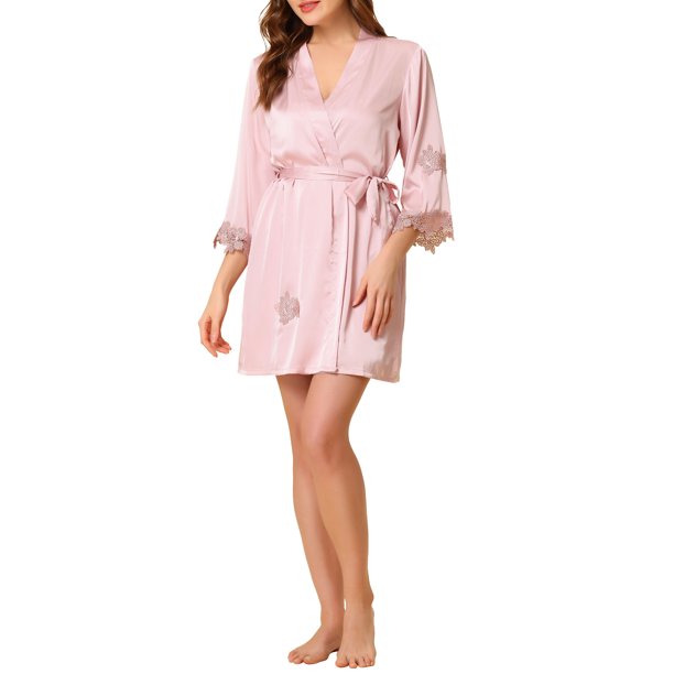 INSPIRE CHIC Conjunto de Pijama de Satén para Mujer con Encaje, Camisón y Bata de 2 Piezas, Ropa de Dormir con Manga 3/4, Talla M, Color Rosa